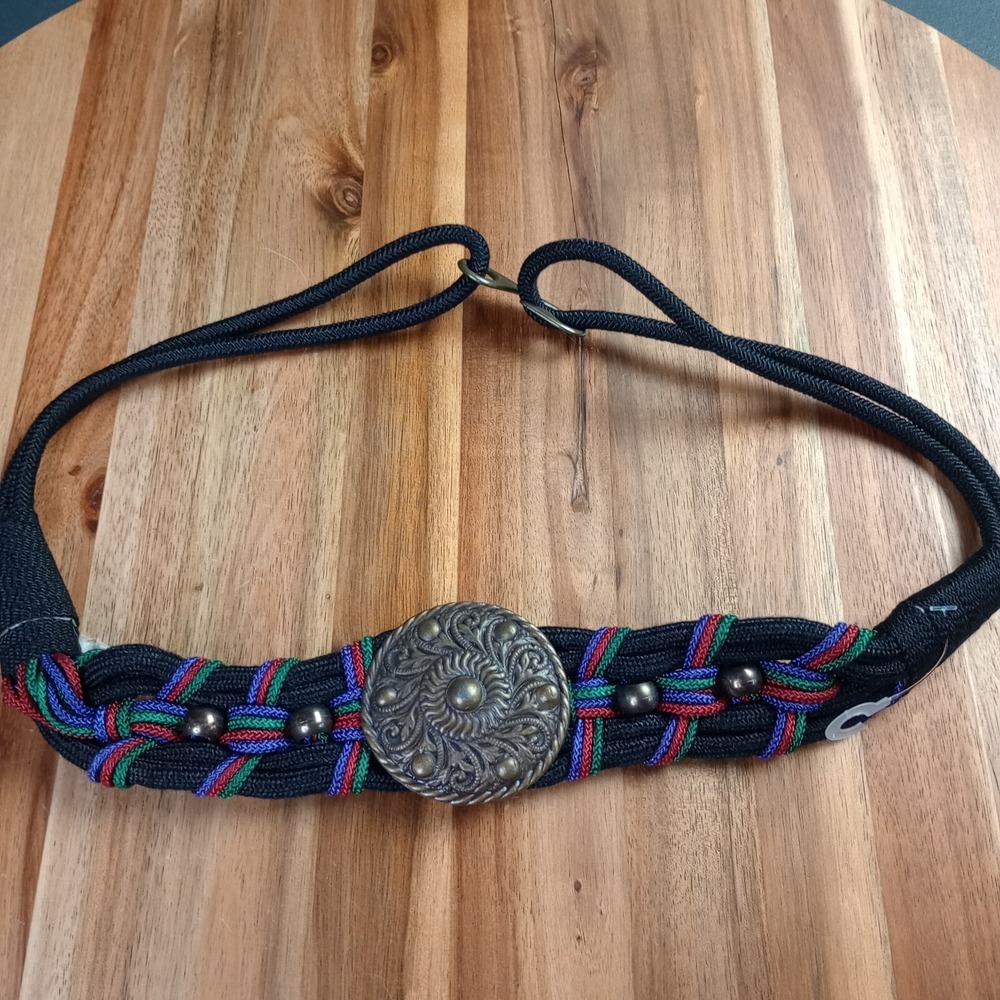 Vintage 80s Braided Cord Belt Size Medium Large Black Chunky Medallion Macrame